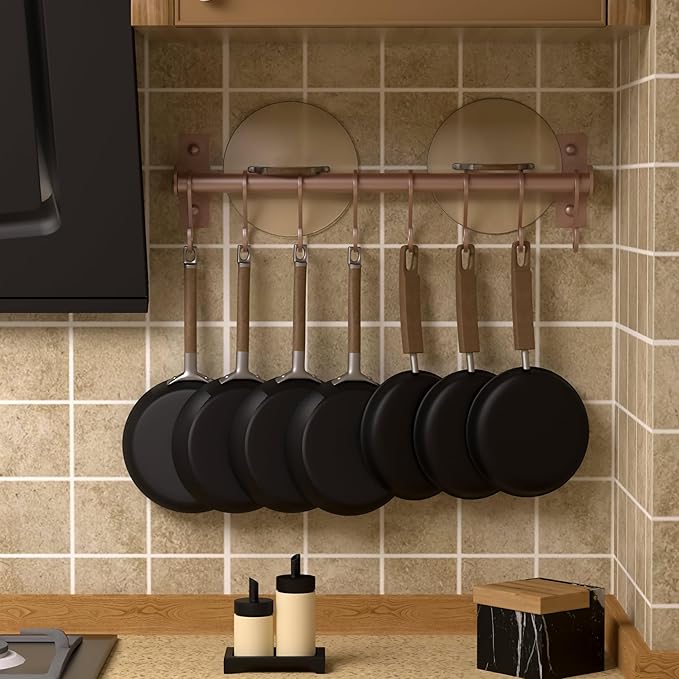 Dseap Kitchen Utensil Holder Hanger, Pot and Pan Rack Wall Mounted, Kitchen Rail with 8 Hooks for Hanging Cooking Utensils, Mugs, Spoons, Wall Mounted, Rose Gold-NeatNest