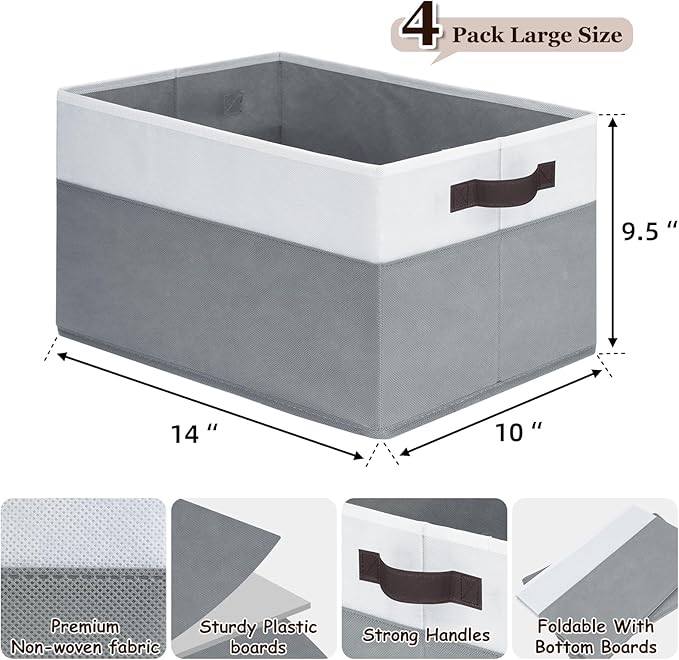 Criusia 4 Pack Large Storage Baskets for Shelves | Fabric Closet Organizers and Storage Bins with Handles Home Organization | Decorative Collapsible Baskets for Organizing Clothes Toy Nursery 14"x10"-NeatNest