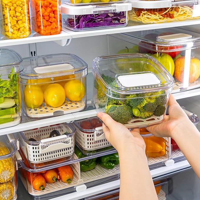 Felli Duo Fresh Veggie Keeper Bin with Vent + Drain Trays, RECTANGLE Fridge Vegetable Fruit Container for LONG & LARGE Produce Storage Lettuce Cabbage Celery Cucumber Organizer for Refrigerator