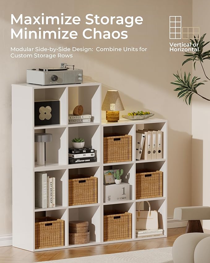GTPLAYER 8-Cube Storage Organizer, Fits 11" Bins, Vertical or Horizontal Use, Opening Bookshelf, Partial Back Panels, Stackable Design Bookcase, for Living Room, Media Console, Hallway, White