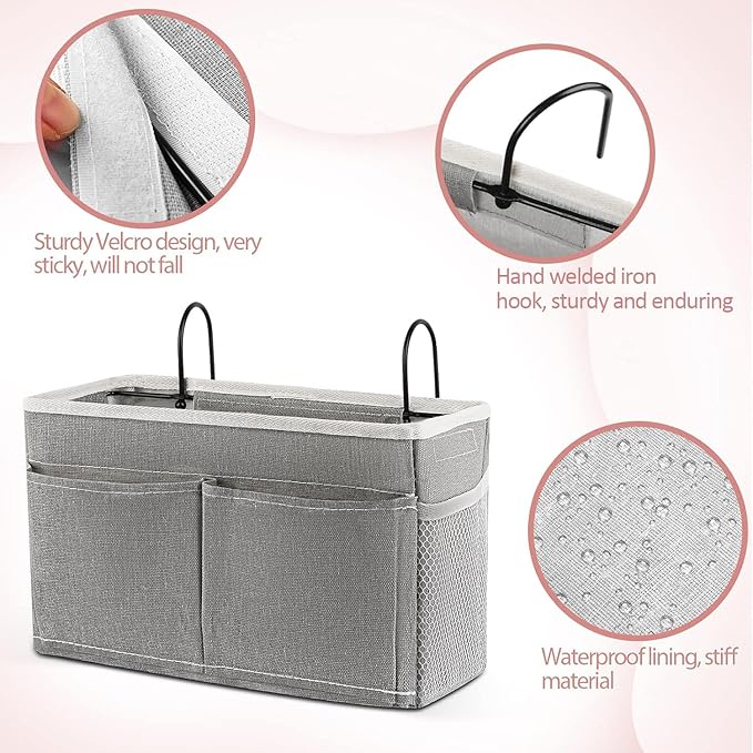 Bedside Caddy Hanging Storage with Water Bottle Holder for Bunk Bed, Hospital Bed, Dorm Rooms (Grey)-NeatNest