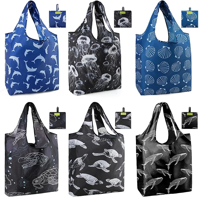 BeeGreen Animal Lover Reusable Grocery Bags | Foldable Tote Bags with Handles, Reusable Gift Bulk 6 Set for Women, Heavy Duty Washable Polyester Travel & Shopping Basket-NeatNest