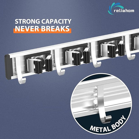 Broom Holder Wall Mount Mop and Broom Hanger Wall Mounted Garage Storage Rack Kitchen Garden Tool Organizer (4 Racks with 5 Hooks, Black)-NeatNest