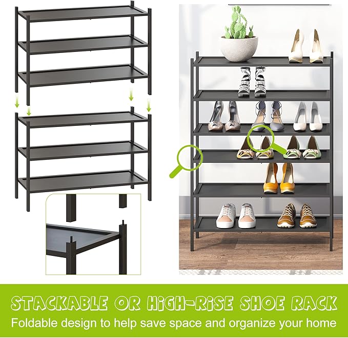 BMOSU 3-Tier Bamboo Shoe Rack Premium Stackable Shoe Shelf Storage Organizer for Hallway Closet Living Room Entryway Organizer(Black)-NeatNest