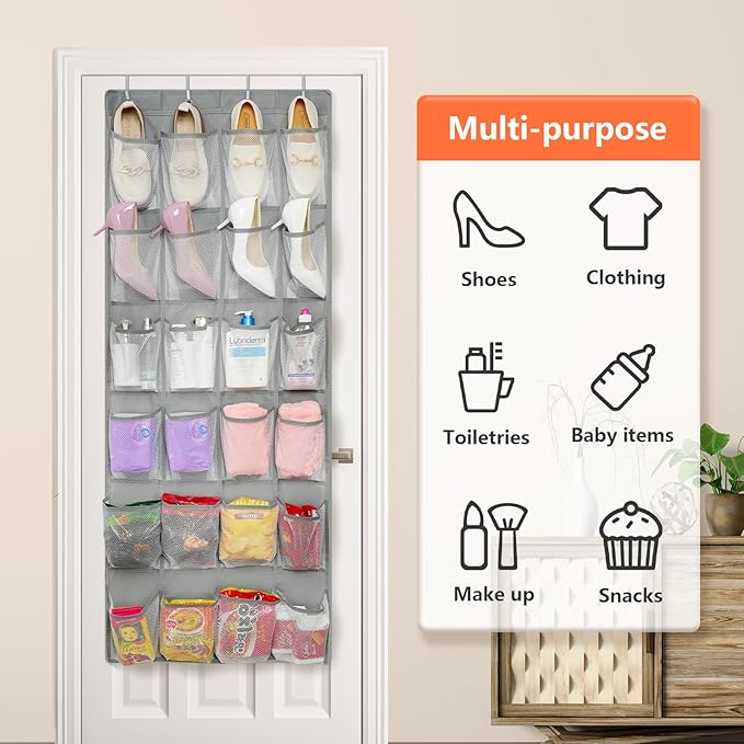 FENTEC 2 Pack Over the Door Shoe Organizer Hanging Shoe Organizer for Closet, Space Saving Mesh Large Pocket Shoe Storage and Organizer with 24 Packets, Shoe Holder for Apartments Garages, Gray-NeatNest