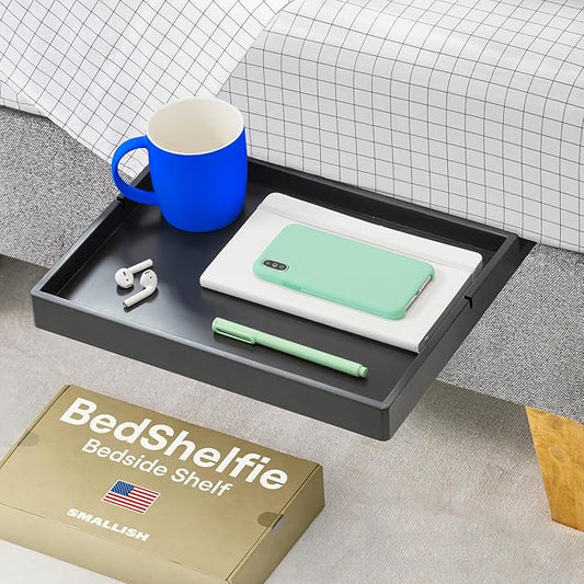 BedShelfie Bedside Shelf for Dorm Room Bunk Bed & Top Bunk, College Dorm Room Essentials, Bedside Caddy, Clip on Floating Desk Tray, Bed Side Table Storage, Loft Nightstand Decor - Black Wood Slide-NeatNest