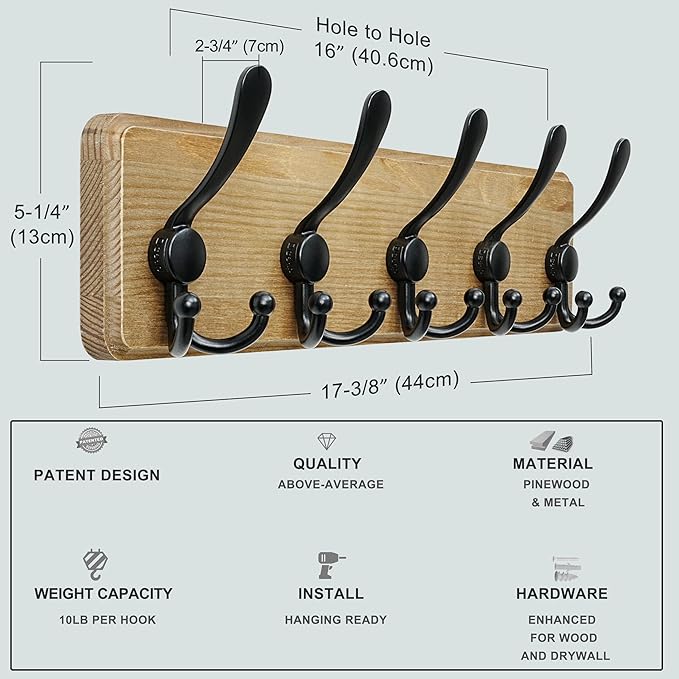 Dseap Coat Rack Wall Mount - Heavy-Duty Robust Barnwood-Style Wooden Wall Coat Hanger Hook Rail with 5 Triple Hooks for Winter Coats Hat Jacket Clothing, Weathered Brown & Black, Pack of 2
