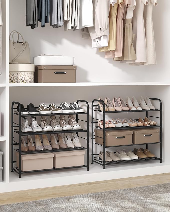 SONGMICS Stackable Shoe Rack, 4 Tier Metal Shoes Rack Storage Shelf, Holds up to 20 Pairs Shoes, Adjustable Slanted Shelves Shoe Tower Organizer for Closet Entryway Small Spaces, Black-NeatNest