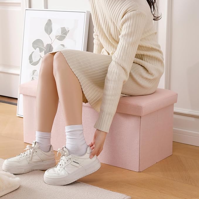 CUYOCA Storage Ottoman Bench Foldable Seat Footrest Shoe Bench End of Bed Storage with Flipping Lid, 75L Storage Space, 30 inches Linen Fabric Pink, OT026PK-NeatNest