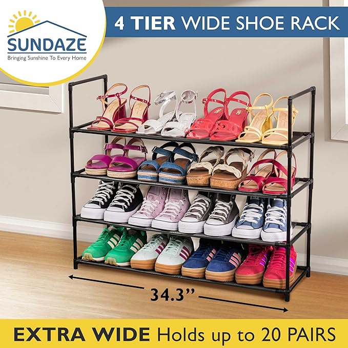 Sundaze Shoe Rack - 4 Tier Shoe Rack for Front Door Entrance, Sturdy Long Shoe Organizer for Closet, Bedroom, Entryway, Garage, Non Woven Fabric Shelf, Black, Holds Up to 20 Pairs-NeatNest