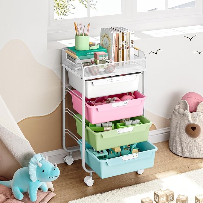 Rolling Cart with 4 Drawers,4 Tiers Rolling Utility Cart Craft Cart,Rolling Storage Drawer Cart with Mesh Top,Storage Cart with Drawers & 4 PCS DIY Lable, Classic Colorful