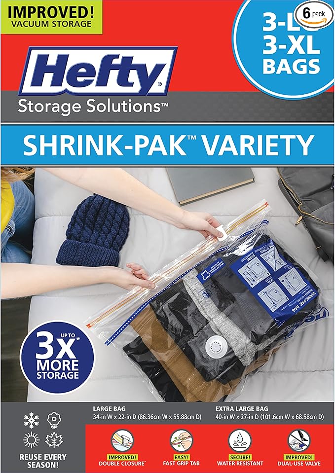 Hefty Shrink-Pak Vacuum Storage Bags - Space Saver for Under Bed Storage, Clothing and Comforters, Odor Resistant, 3X More Storage Space - 3 Large, 3 XL Bags-NeatNest