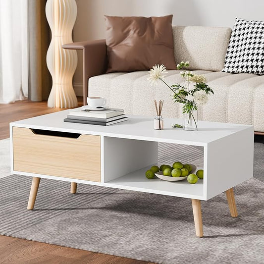 Cozy Castle Modern Coffee Table, Wooden Cocktail Table with Storage, Minimalist Hallway Table, Mid Century Modern Coffee Table for Living Room Apartment Reception, White-NeatNest