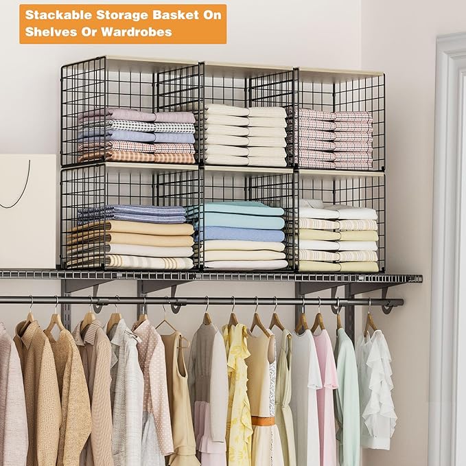 3PCS Stackable Closet Organizers and Storage, Shelves with Wood Top Extra Storage, Clothes Organizer Basket, Bin, or Tube for Wardrobe and Home Organization (Black-Sturdy Metal) Patent Pending-NeatNest