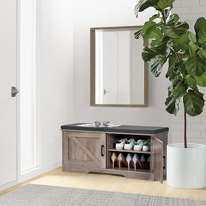 2-Tier Storage Bench, Shoe Bench with Padded Seat Cushion, Entryway Bench with 2 Barn Doors, Adjustable Shelf, 13.8" D x 39.4" W x 17.7" H, for Entryway, Living Room, Bedroom, Greige-NeatNest