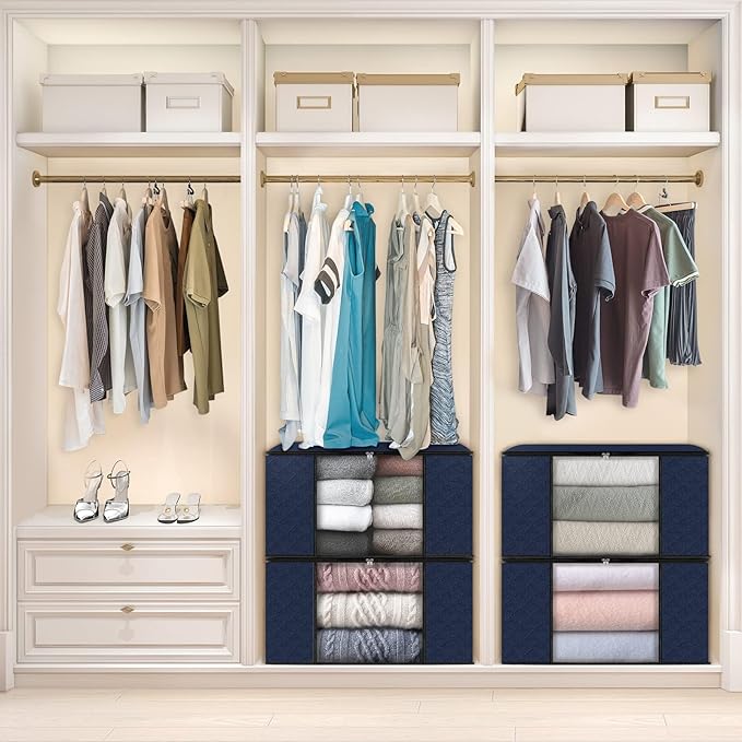 Fab totes 4 Pack Clothes Storage, Foldable Thick Fabric Blanket Storage Bags, Containers for Organizing Bedroom, Closet, Clothing, Comforter,Closet Organization with Handle,Blue-NeatNest