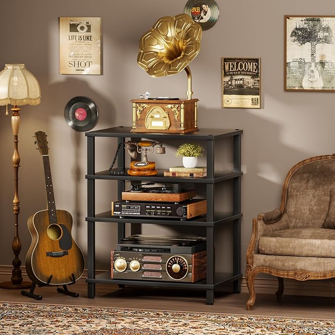 4-Tier AV Media Player Stand, Black Stereo Cabinet, Modern Stereo Cabinet, Wooden TV Stand,Game Console Shelf, Multifunctional Entertainment Center, Suitable for Home, Conference Room, Game Studio-NeatNest