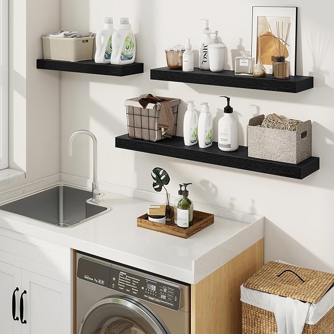 fuqing Floating Shelves for Wall, Bathroom Shelf Wall Mounted for Storage, Shelves with Invisible Bracket for Bedroom, Kitchen, Living Room, Farmhouse Small Book Shelf, 40 Inch Set of 2, Black-NeatNest