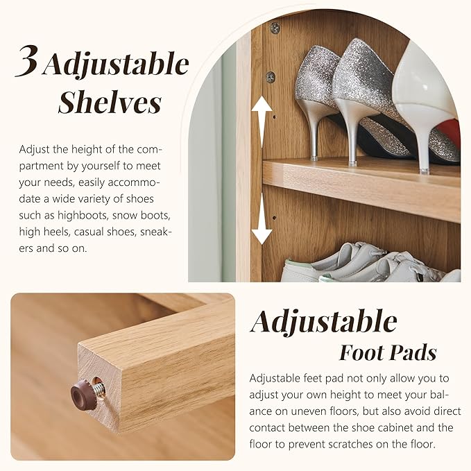 71" Tall Arched Shoe Storage Cabinet, 7 Tiers 28 Pairs Wooden Shoe Rack with 3 Adjustable Shelves, Freestanding Shoe Closet Shelf Organizer for Entryway, Hallway, Living Room (Natural)-NeatNest