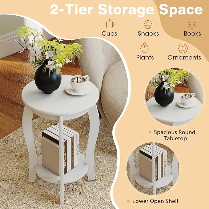 GOFLAME 2-Tier Round End Table, Mid-Century Modern Sofa Side Table with Storage Shelf, Solid Wood Legs, Compact Accent Table, Nightstand for Living Room, Bedroom, Small Space, White