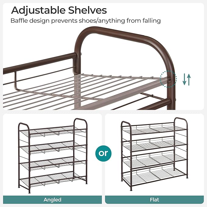 SONGMICS Stackable Shoe Rack, 4 Tier Metal Shoes Rack Storage Shelf, Holds up to 20 Pairs Shoes, Adjustable Slanted Shelves Tower Organizer for Closet Entryway Small Spaces, Bronze-NeatNest