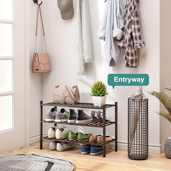 Shoe Rack for Closet, 3-Tier Bamboo Wood Shoe Racks, Stackable | Beautiful | Natural | Functional | Sturdy, Bamboo Shoe Rack for Entryway Hallway Closet-NeatNest