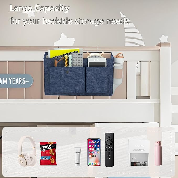 Bedside Caddy Bedside Organizer with Fixed Straps & Water Bottle Holder, Bunk Bed Caddy ideal for Home, Dorm, Hospital, Crib, Versatile Bedside Storage Solution (Navy 2pcs)-NeatNest