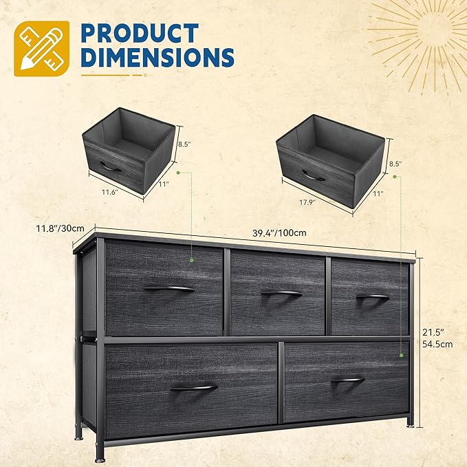 DWVO Dresser with 5 Drawers - Fabric Storage Tower, Organizer Unit for Bedroom, Living Room, Closets - Sturdy Steel Frame, Wooden Top-NeatNest
