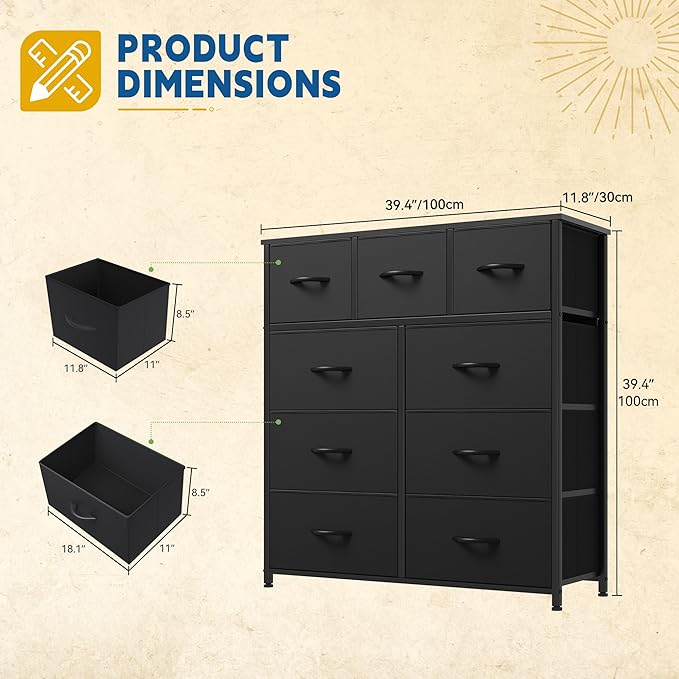 DWVO Dresser with 9 Drawers - Fabric Storage Tower, Organizer Unit for Living Room, Hallway - Sturdy Steel Frame, Wooden Top & Easy Pull Fabric Bins (Black)-NeatNest