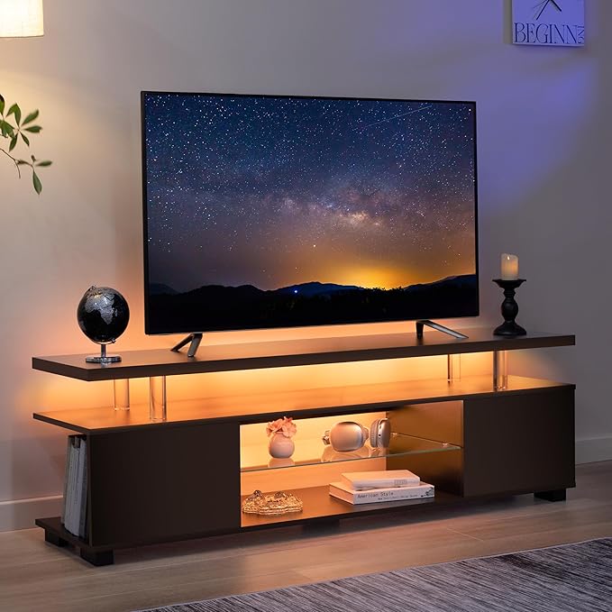 Black TV Stand 65 inch,LED TV Stand for Living Room,Glass Entertainment Center TV Stand, TV Console Tables for Living Room,Bedroom,Home Office-NeatNest