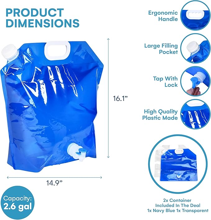 ACOWAY Collapsible Water Storage Container Bag, 2 Units - Blue and White (2.6 gal Each) - Portable Camping and Emergency Water Jug with Spout for Hydration, Outdoors, and Disaster Preparedness