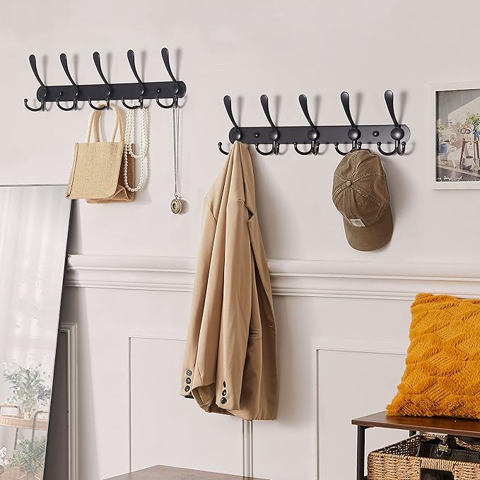 Dseap Coat Rack Wall Mounted - 5 Tri Hooks, Heavy Duty, Stainless Steel, Metal Coat Hook Rail for Coat Hat Towel Purse Robes Mudroom Bathroom Entryway (Black, 2 Packs)-NeatNest