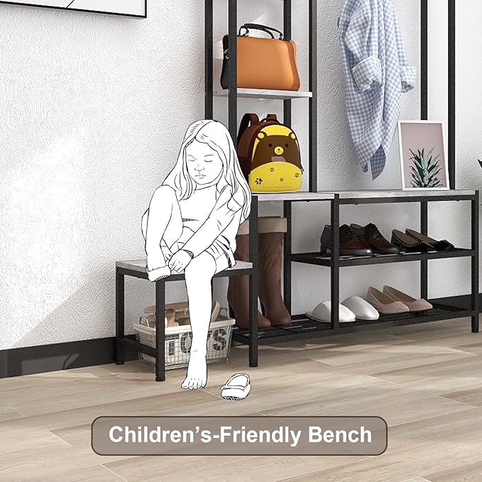 Hall Tree with Shoe Storage Bench Coat Rack with 7 Hooks Interchangeable 4 Tier Side Storage Shelves Small Cute Side Bench Industrial 5-in-1 Entryway Coat Rack for Hallway Mudroom Bedroom