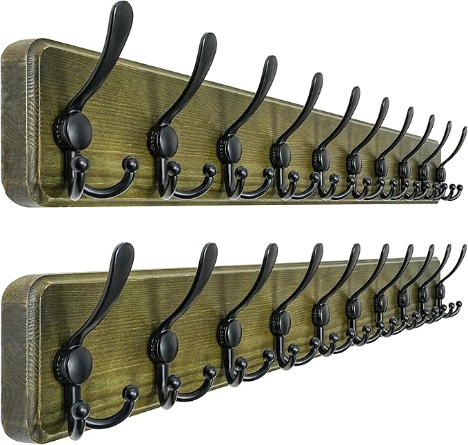 Dseap Coat Rack Wall Mount - 38-1/4" Long, Heavy-Duty, 10-tri-Hooks, Barnwood-Style Wooden Wall Coat Hanger Hook Rail for Winter Coats Hat Jacket Clothing, Weathered Green & Black, Pack of 2