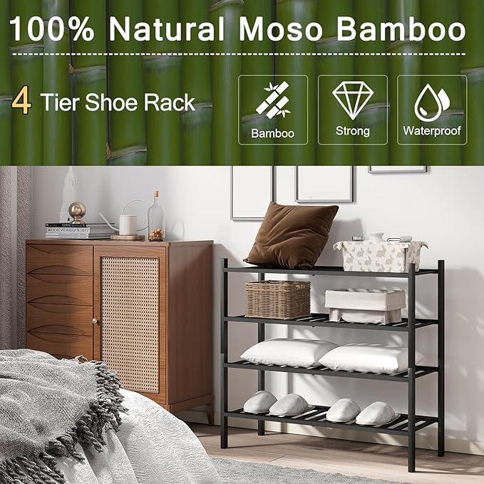 4-Tier Bamboo Shoe Rack for Entryway, Stackable | Heavy Duty | Multi-Function, Free Standing Shoe Racks for Bedroom Hallway Closet(Black)-NeatNest