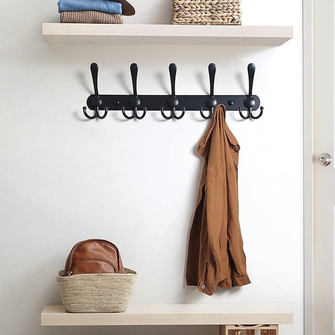 Dseap Coat Rack Wall Mounted - 5 Tri Hooks, Heavy Duty, Stainless Steel, Metal Coat Hook Rail for Coat Hat Towel Purse Robes Mudroom Bathroom Entryway (Black, 2 Packs)-NeatNest