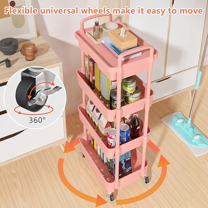 Calmootey 4-Tier Rolling Utility Cart with Drawer,Multifunctional Storage Organizer with Plastic Shelf & Metal Wheel,Storage Cart for Kitchen,Bathroom,Living Room,Office,Pink-NeatNest