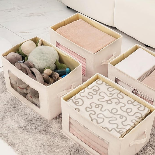 Citylife 3 Pack Storage Bins with Lids, Fabric Foldable Storage Bins with Soft Cord Handles, Canvas Storage Bin with Lid for Organizing Clothes, Blankets and Books, Beige-NeatNest