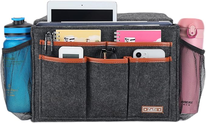 Bedside Caddy, Large Size Bedside Storage Organizer Bedside Organizer Caddy for Magazine Remotes Phone (13.4'' x 18.1'' Plus Size, Dark Grey)-NeatNest