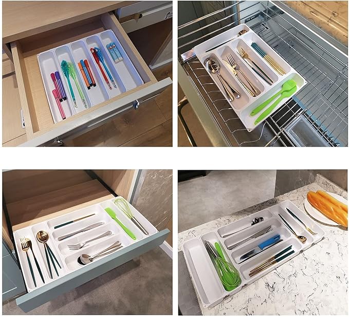 custom silverware tray small drawer organizer for utensils holder 7.5 ines cutlery tray, DIY organizer for silverware, flatware, knives in Kitchen, white (White, Small)10.25 * 7.65 in 3IN1-NeatNest
