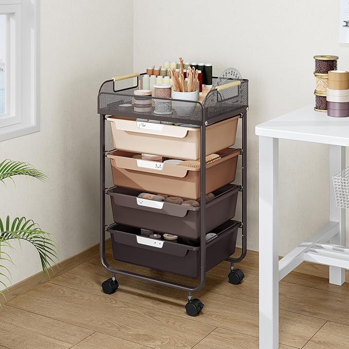 Rolling Cart with 4 Drawers,4 Tiers Rolling Utility Cart Craft Cart,Rolling Storage Drawer Cart with Mesh Top,Storage Cart with Drawers & 4 PCS DIY Lable, Brown