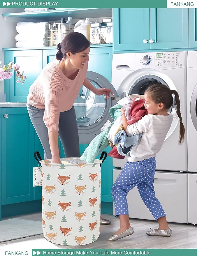 FANKANG Storage Basket, Nursery Hamper Canvas Laundry Basket Foldable with Waterproof PE Coating Large Storage Baskets for Kids Boys and Girls, Office, Bedroom, Clothes,Toys(Fox )
