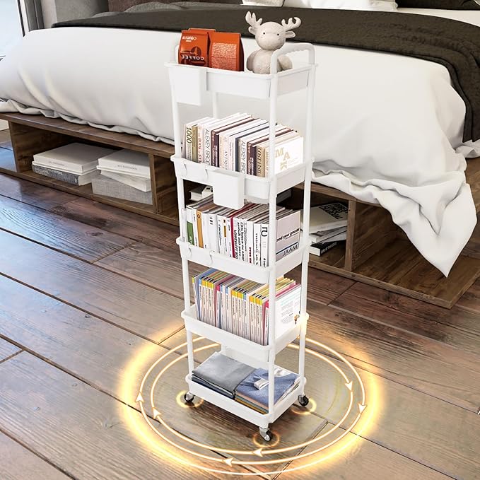 5 Tier Rolling Utility Cart with Handle,REBECAT Utility Cart Made of Multifunctional Storage Organizer Tool for Kitchen,Bathroom,Living Room,Office(White)-NeatNest