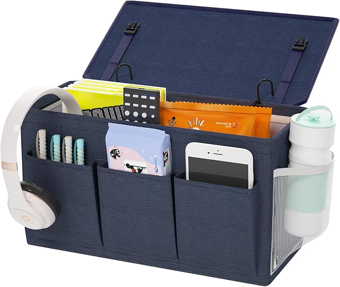 Dual-purpose Bedside Caddy Bedside Organizer, Bed Caddy with 6 Pockets, Versatile Bedside Storage Solution Magazine Remotes holder, ideal for Home, Dorm, Hospital, Crib Bed (Navy)-NeatNest