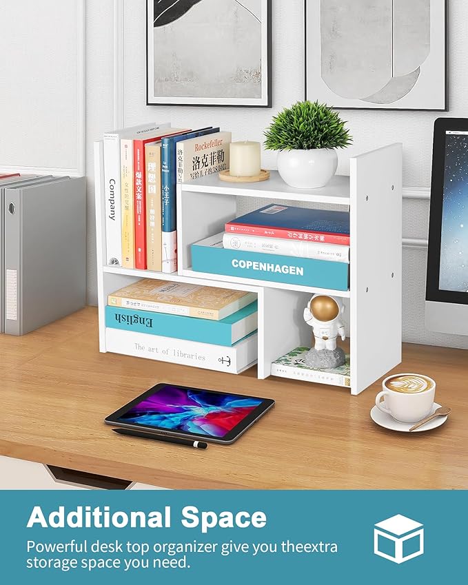 Desktop Shelf Organizer,Adjustable Stackable Office Storage Rack,Wood Display Shelf,White Small Bookshelf for Desktop,Tabletop Desk Shelf,Multipurpose Shelves for Office, Dormitory,Home Decor.-NeatNest