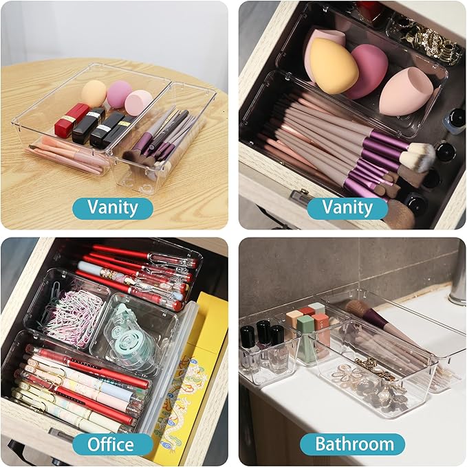 6 Pack Clear Drawer Organizer Set,Desk Drawer Storage Tray,Vanity Organizer Storage Bins Containers-NeatNest