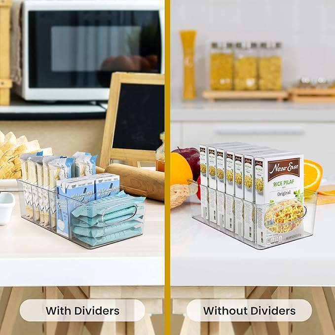 ELTOW Snack Organizer for Pantry Shelf – Clear Storage Bins with Removable Dividers, Kitchen & Pantry Snack Holder, Protein Bar Organizer, Food Storage for Cabinets & Fridge – Pack of 6