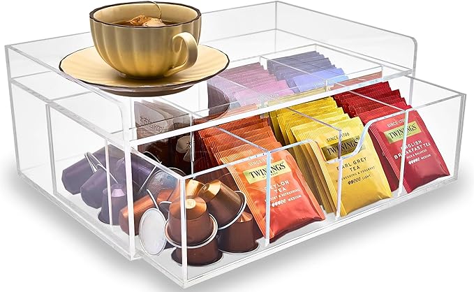 Acrylic Tea Station Organizer for Countertop - Tea Bag Organizer Drawer, Clear Lucite K Cup and Coffee Pod Storage box with 8 Compartments, Tea Caddy Creamer Holder Display Stand-NeatNest
