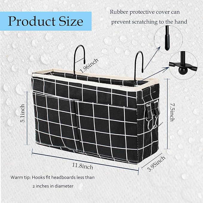 Bedside Caddy Bedside Hanging Storage Basket Multi-Function Organizer Caddy for Bunk and Hospital Beds Dorm Rooms Bed Rails, Can be Placed Glasses Books Mobile Phones(Black Grid)-NeatNest