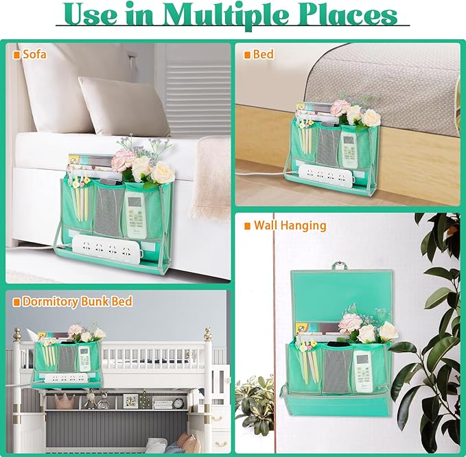 Bedside Caddy Bedside Storage Organizer Bedside Organizer with Power Strip Holder and 2 Adjustable Straps for Home Bunk Bed College Dorm Sofa (Green)-NeatNest